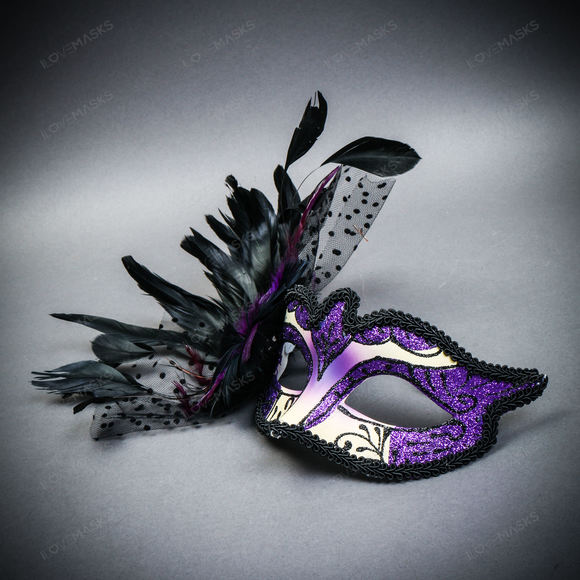 Venetian Black Side Feather Purple Glitter Women Eyes Mask Masquerade Prom Mask - Picture 2 of 4